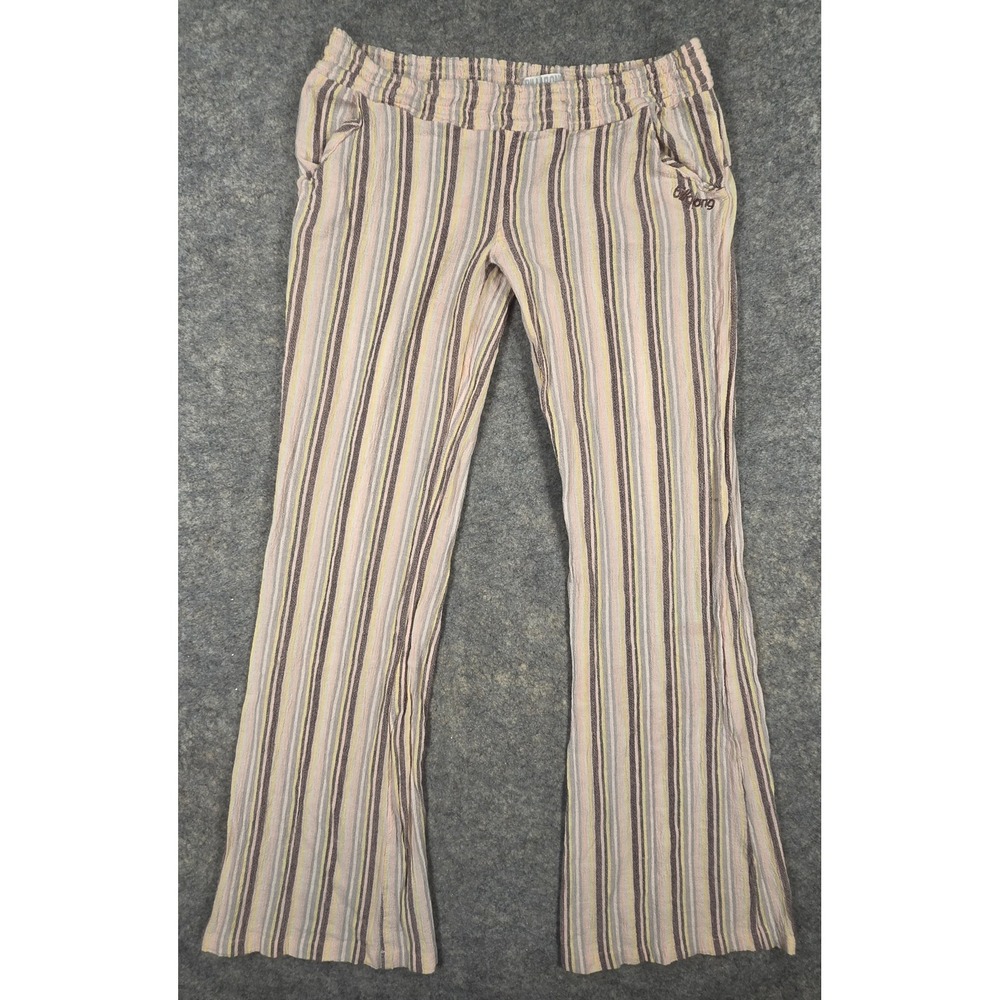 Billabong Striped Cotton Flare Pants Pink Yellow Brown Women Size M Wide Leg Y2K